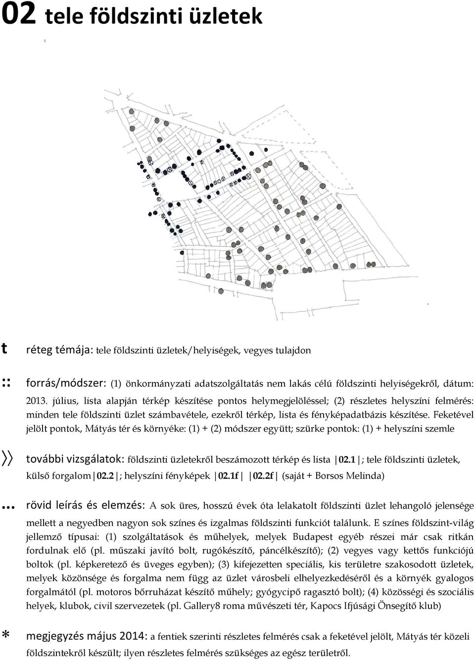 Feketével jelölt pontok, Mátyás tér és környéke: (1) + (2) módszer együtt; szürke pontok: (1) + helyszíni szemle további vizsgálatok: földszinti üzletekrıl beszámozott térkép és lista 02.