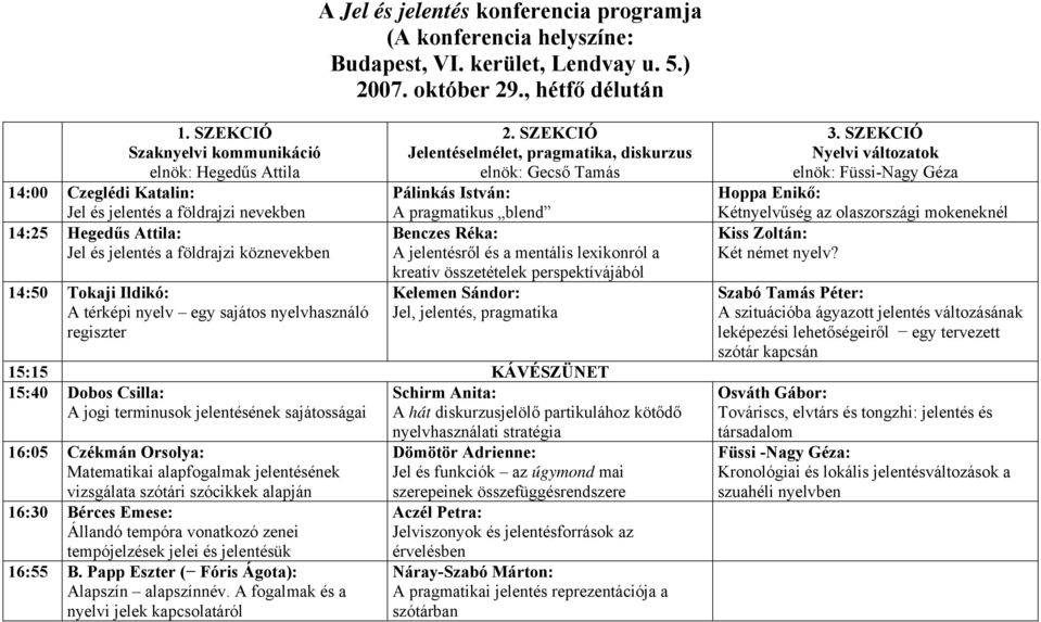 térképi nyelv egy sajátos nyelvhasználó regiszter Jelentéselmélet, pragmatika, diskurzus elnök: Gecső Tamás Pálinkás István: A pragmatikus blend Benczes Réka: A jelentésről és a mentális lexikonról a