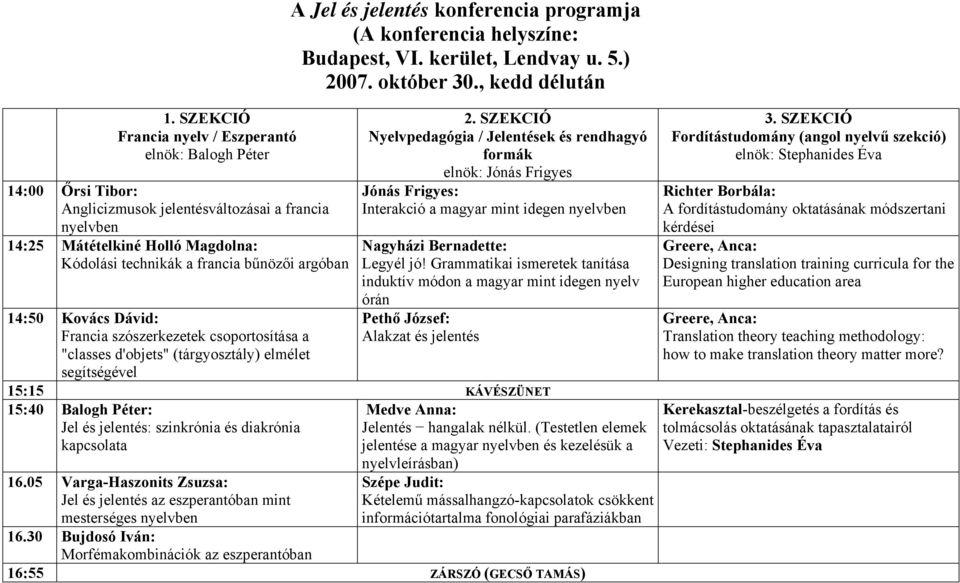 , kedd délután Nyelvpedagógia / Jelentések és rendhagyó formák elnök: Jónás Frigyes Jónás Frigyes: Interakció a magyar mint idegen nyelvben Nagyházi Bernadette: Legyél jó!