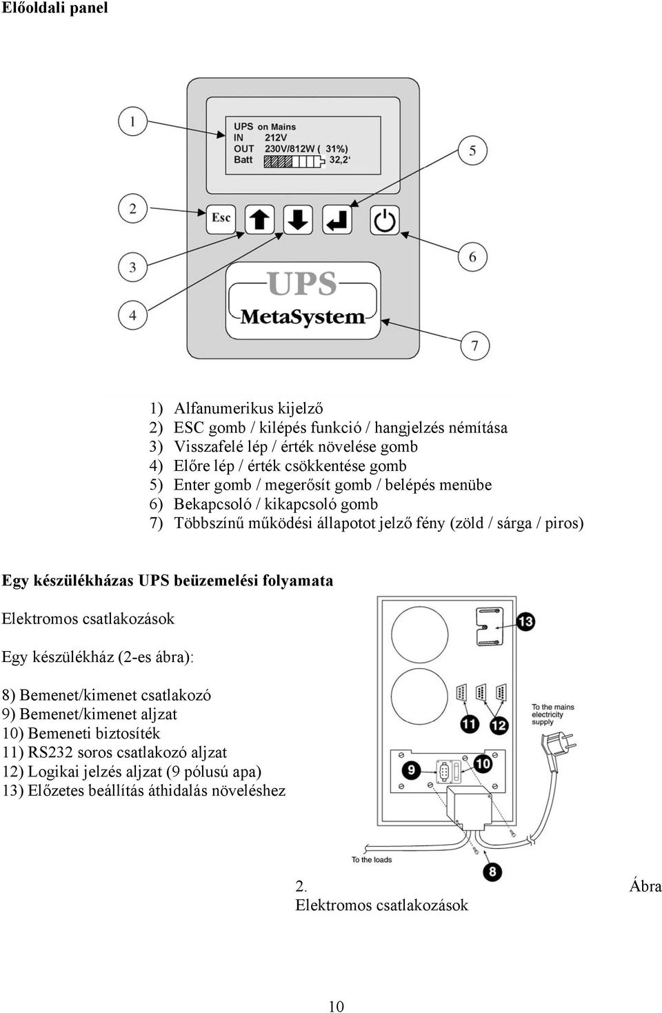 Egy készülékházas UPS beüzemelési folyamata Elektromos csatlakozások Egy készülékház (2-es ábra): 8) Bemenet/kimenet csatlakozó 9) Bemenet/kimenet aljzat 10)