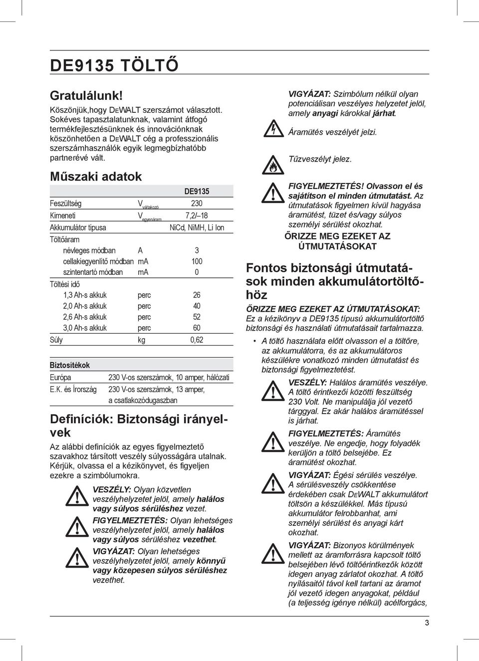 Műszaki adatok DE9135 Feszültség V váltakozó 230 Kimeneti V egyenáram 7,2/ 18 Akkumulátor típusa NiCd, NiMH, Li Ion Töltőáram névleges módban A 3 cellakiegyenlítő módban ma 100 szintentartó módban ma