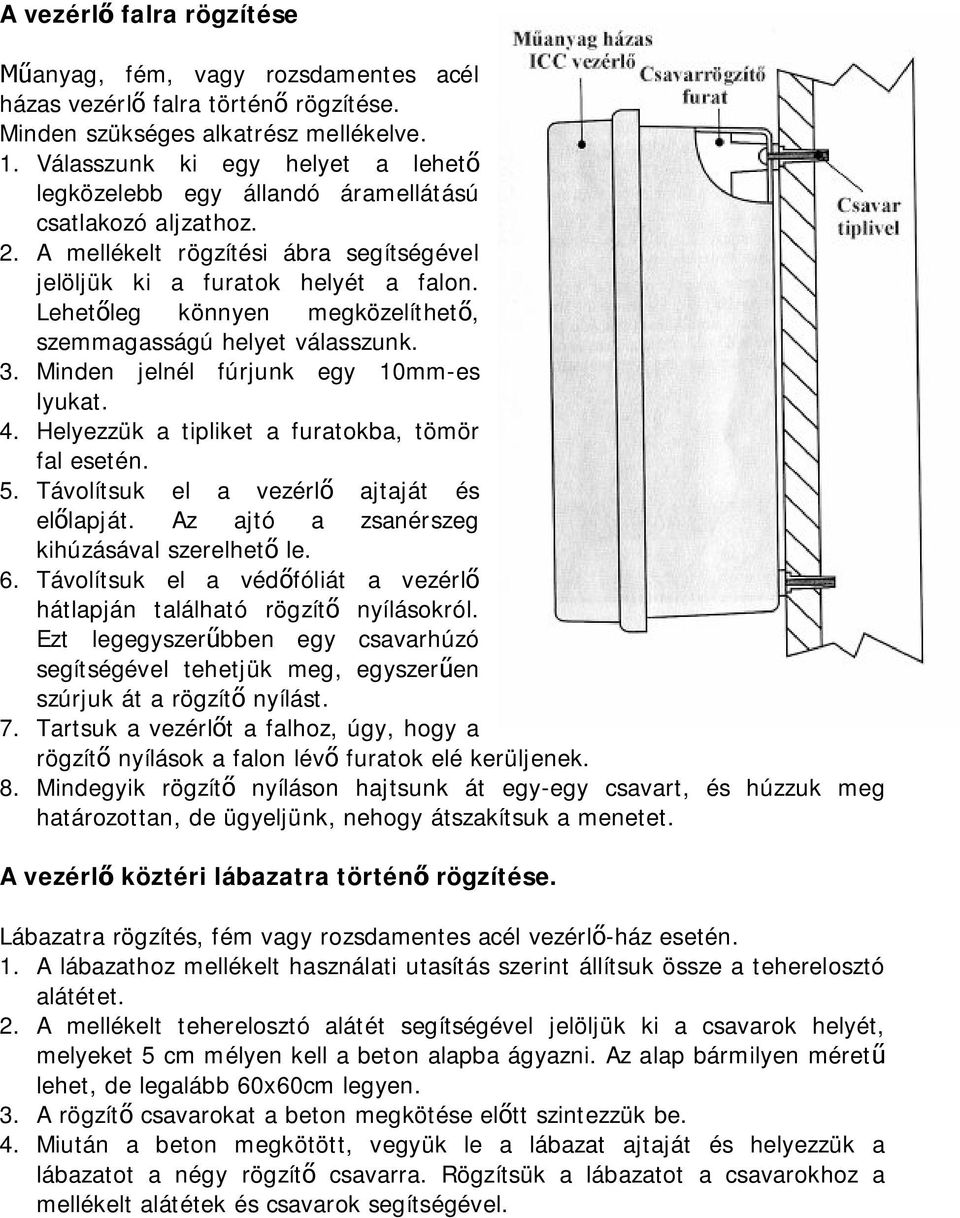 Lehetőleg könnyen megközelíthető, szemmagasságú helyet válasszunk. 3. Minden jelnél fúrjunk egy 10mm-es lyukat. 4. Helyezzük a tipliket a furatokba, tömör fal esetén. 5.