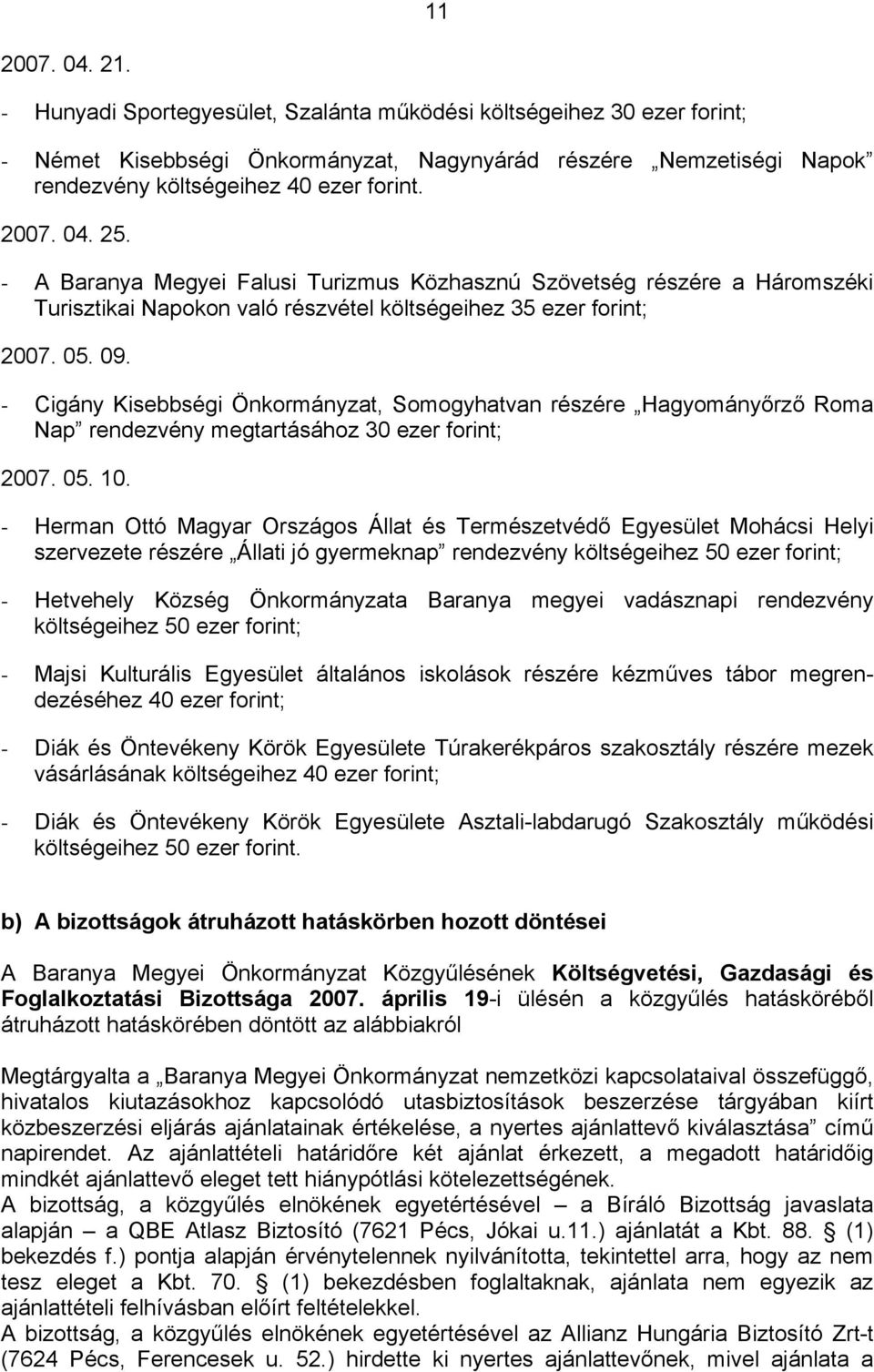 - Cigány Kisebbségi Önkormányzat, Somogyhatvan részére Hagyományőrző Roma Nap rendezvény megtartásához 30 ezer forint; 2007. 05. 10.