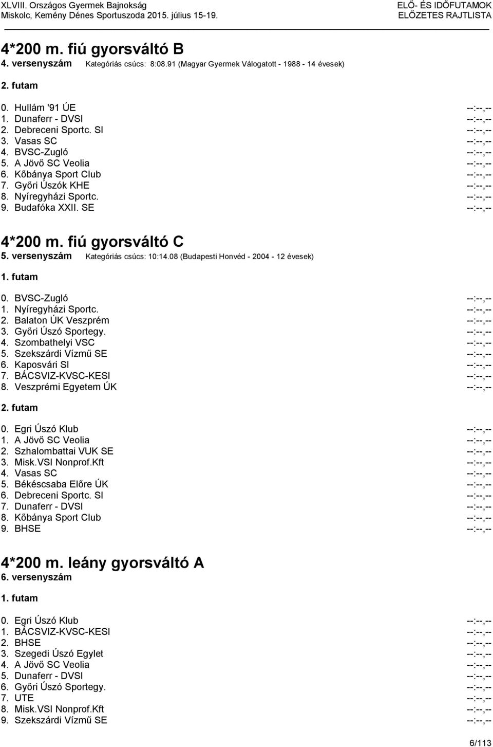 SE --:--,-- 4*200 m. fiú gyorsváltó C 5. versenyszám Kategóriás csúcs: 10:14.08 (Budapesti Honvéd - 2004-12 évesek) 1. futam 0. BVSC-Zugló --:--,-- 1. Nyíregyházi Sportc. --:--,-- 2.