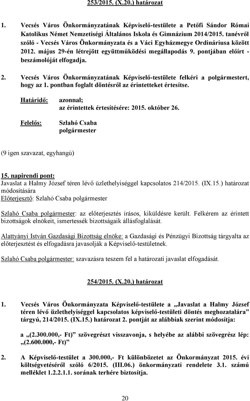 pontban foglalt döntésről az érintetteket értesítse. az érintettek értesítésére: 2015. október 26. 15. napirendi pont: Javaslat a Halmy József téren lévő üzlethelyiséggel kapcsolatos 214/2015. (IX.15.) határozat módosítására : az előterjesztés írásos, kiküldésre került.