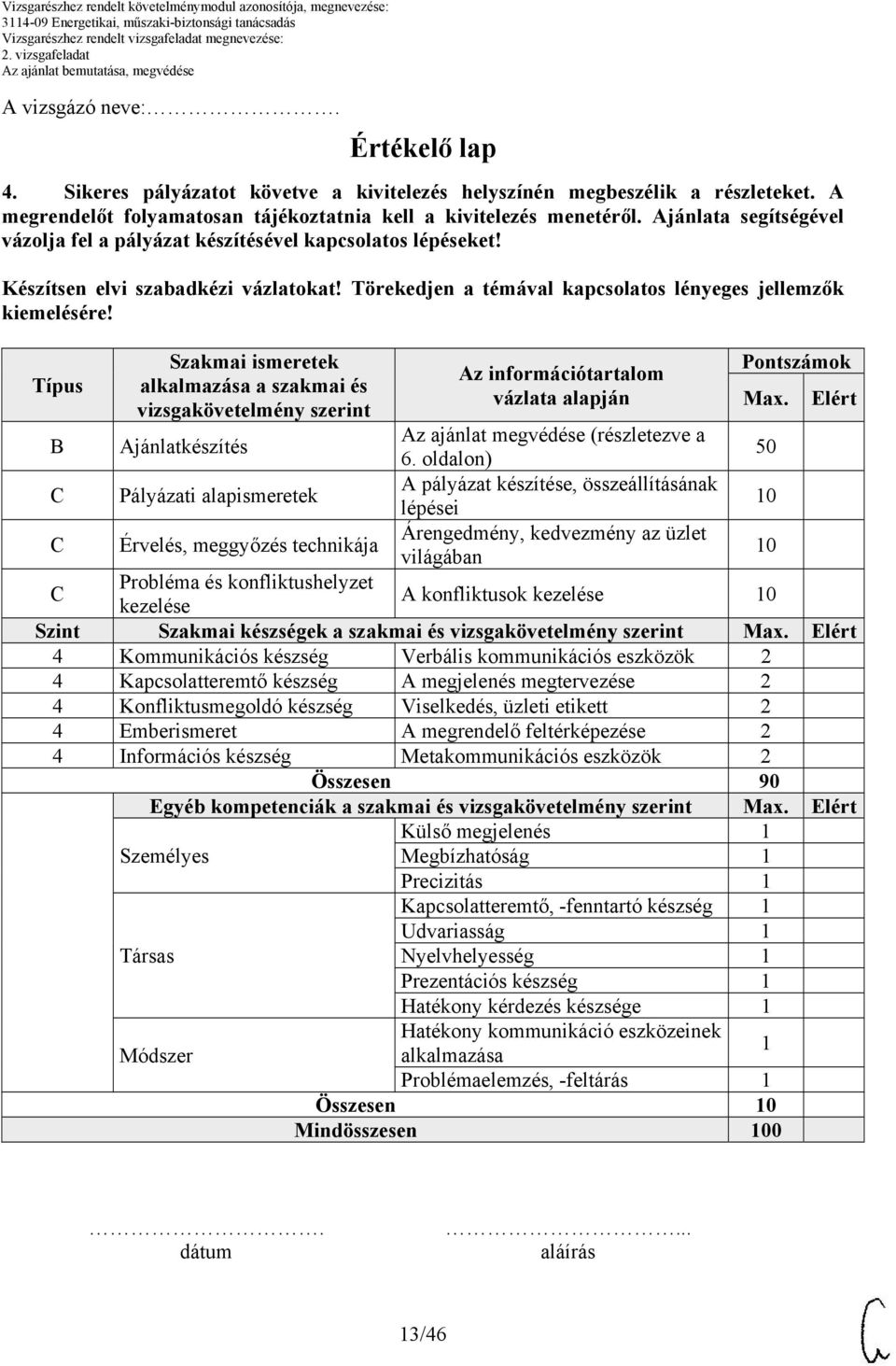 Típus B C C Szakmai ismeretek alkalmazása a szakmai és vizsgakövetelmény szerint Ajánlatkészítés Pályázati alapismeretek Érvelés, meggyőzés technikája Az információtartalom vázlata alapján Az ajánlat