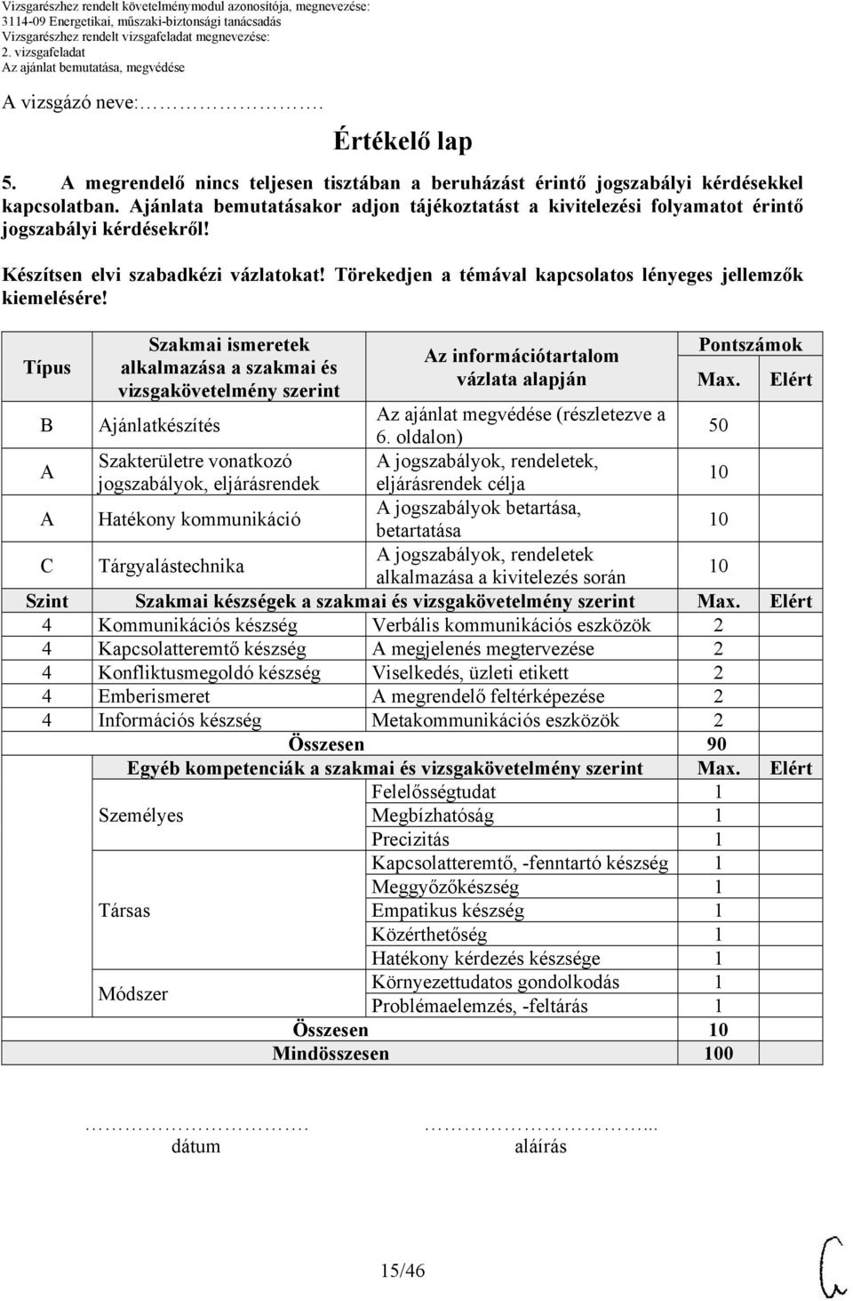 Típus Szakmai ismeretek alkalmazása a szakmai és vizsgakövetelmény szerint Az információtartalom vázlata alapján Pontszámok Max. Elért B Ajánlatkészítés Az ajánlat megvédése (részletezve a 6.