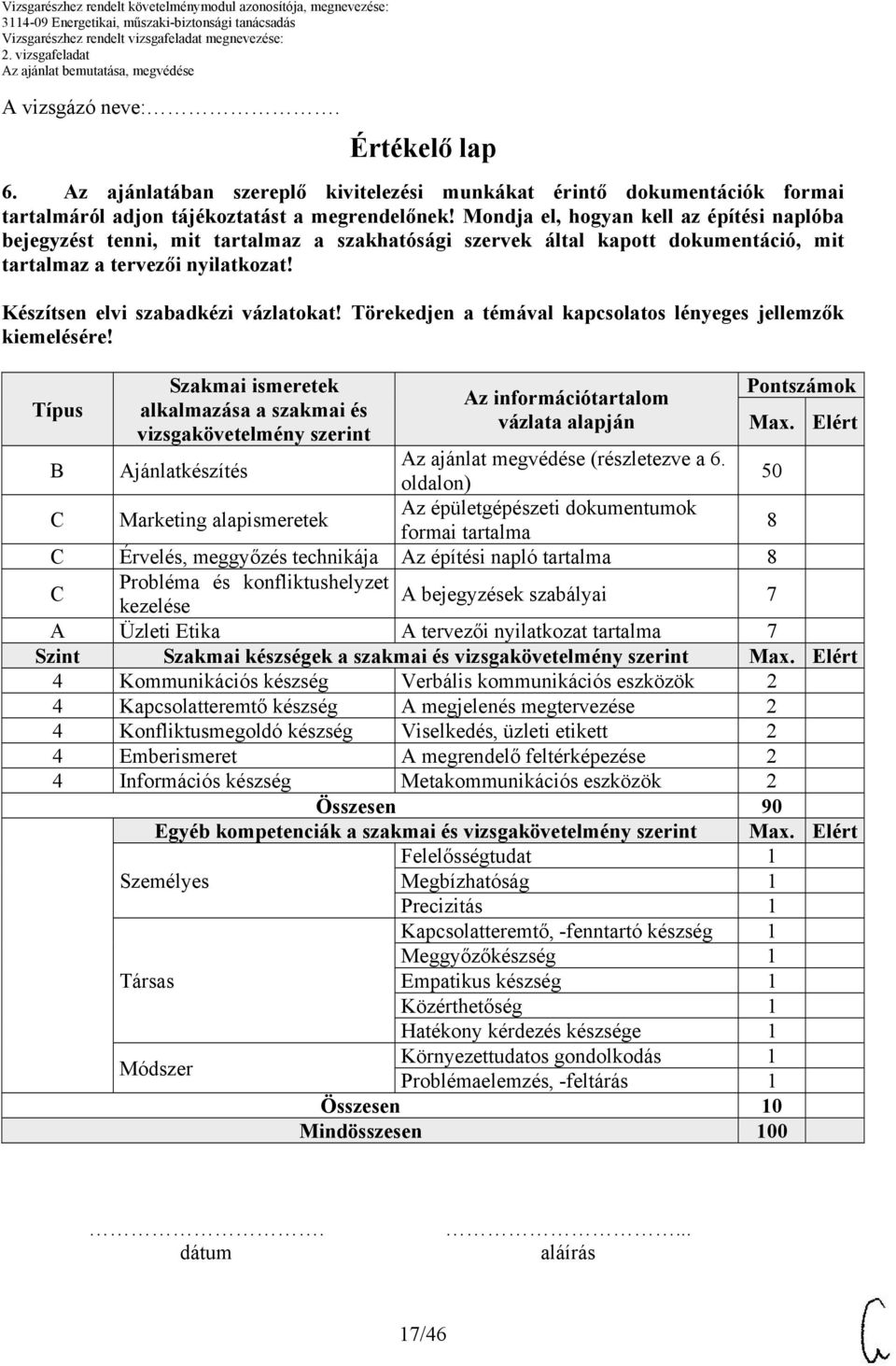 Típus Szakmai ismeretek alkalmazása a szakmai és vizsgakövetelmény szerint Az információtartalom vázlata alapján Pontszámok Max. Elért B Ajánlatkészítés Az ajánlat megvédése (részletezve a 6.