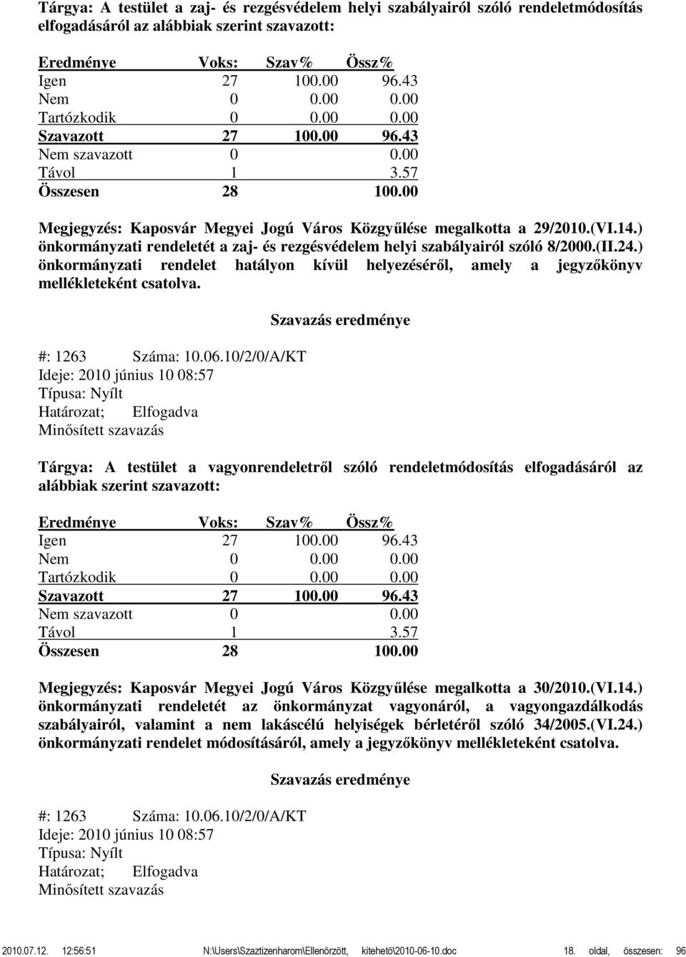 ) önkormányzati rendelet hatályon kívül helyezéséről, amely a jegyzőkönyv mellékleteként csatolva. #: 1263 Száma: 10.06.