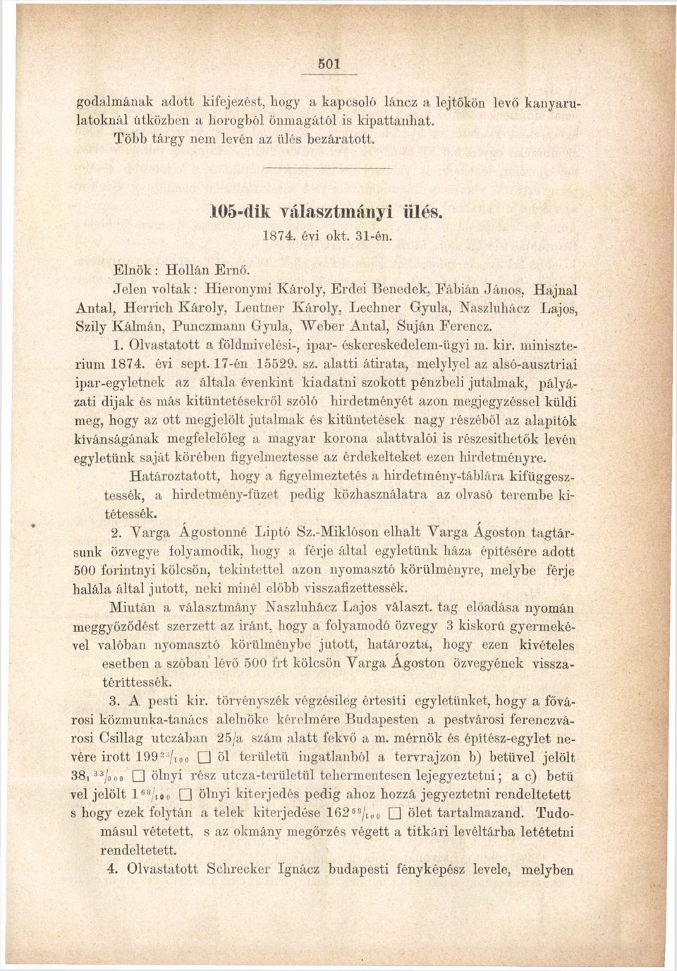 Jelen voltak: Hieronymi Károly, Erdei Benedek, Fábián János, Hajnal Antal, Herrich Károly, Leutner Károly, Lechner Gyula, Naszluhácz Lajos, Szily Kálmán, Punczmann Gyula, AVeber Antal, Suján Ferencz.