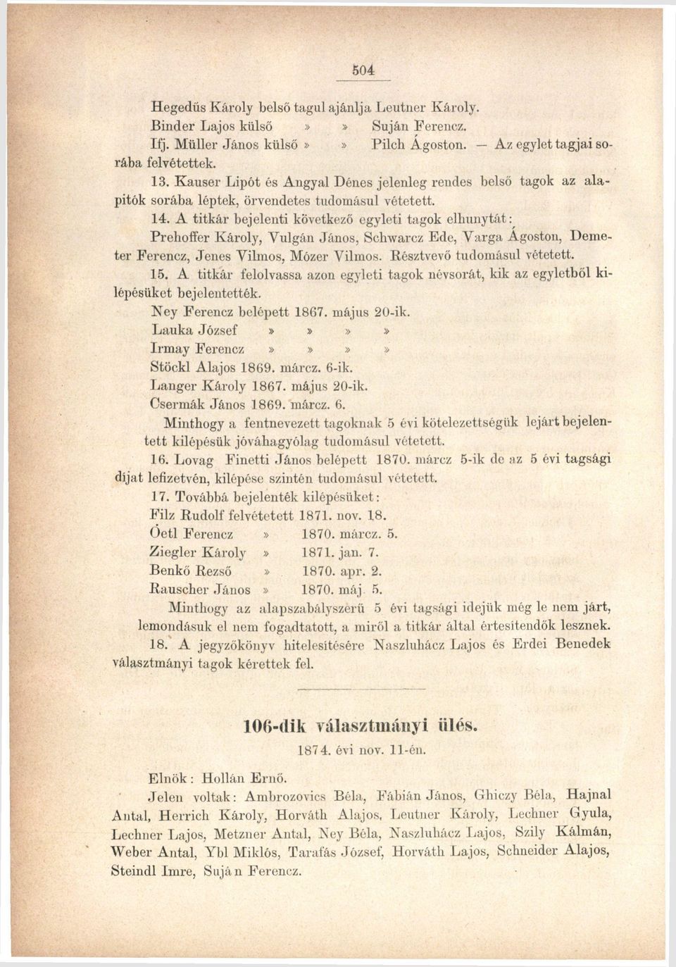 A titkár bejelenti következő egyleti tagok elhunytát: Prelioífer Károly, Yulgán János, Schvvarcz Ede, Varga Ágoston, Demeter Ferencz, Jenes Vilmos, Mózer Vilmos. Résztvevő tudomásul vétetett. 15.