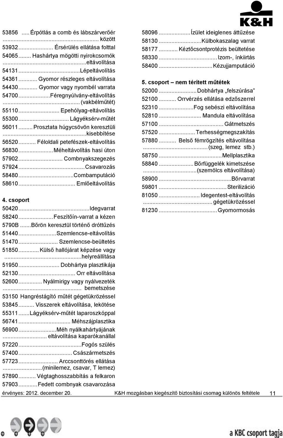 .. Prosztata húgycsövön keresztüli... kisebbítése 56520... Féloldali petefészek-eltávolítás 56830... Méheltávolítás hasi úton 57902... Combnyakszegezés 57924... Csavarozás 58480... Combamputáció 58610.