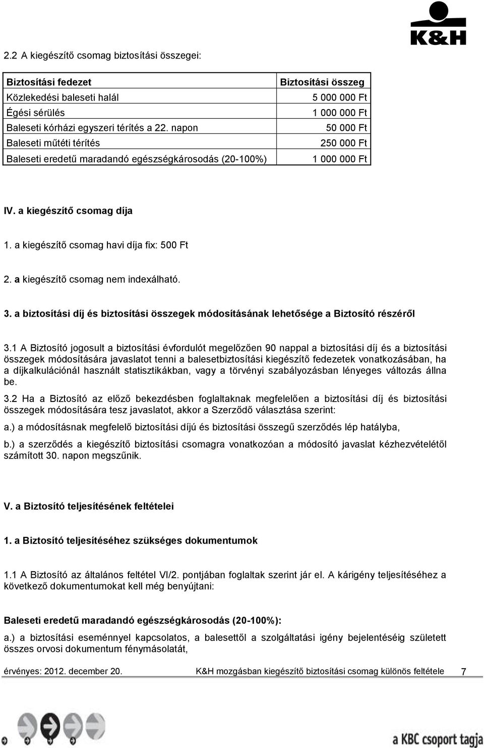 a kiegészítő csomag havi díja fix: 500 Ft 2. a kiegészítő csomag nem indexálható. 3. a biztosítási díj és biztosítási összegek módosításának lehetősége a Biztosító részéről 3.