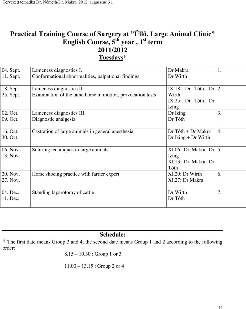 Examination of the lame horse in motion, provocation tests Lameness diagnostics III. Diagnostic analgesia IX.18: Dr Tóth, Dr Wirth IX.25: Dr Tóth, Dr Izing Dr Izing Dr Tóth 2. 3. 16. Oct.