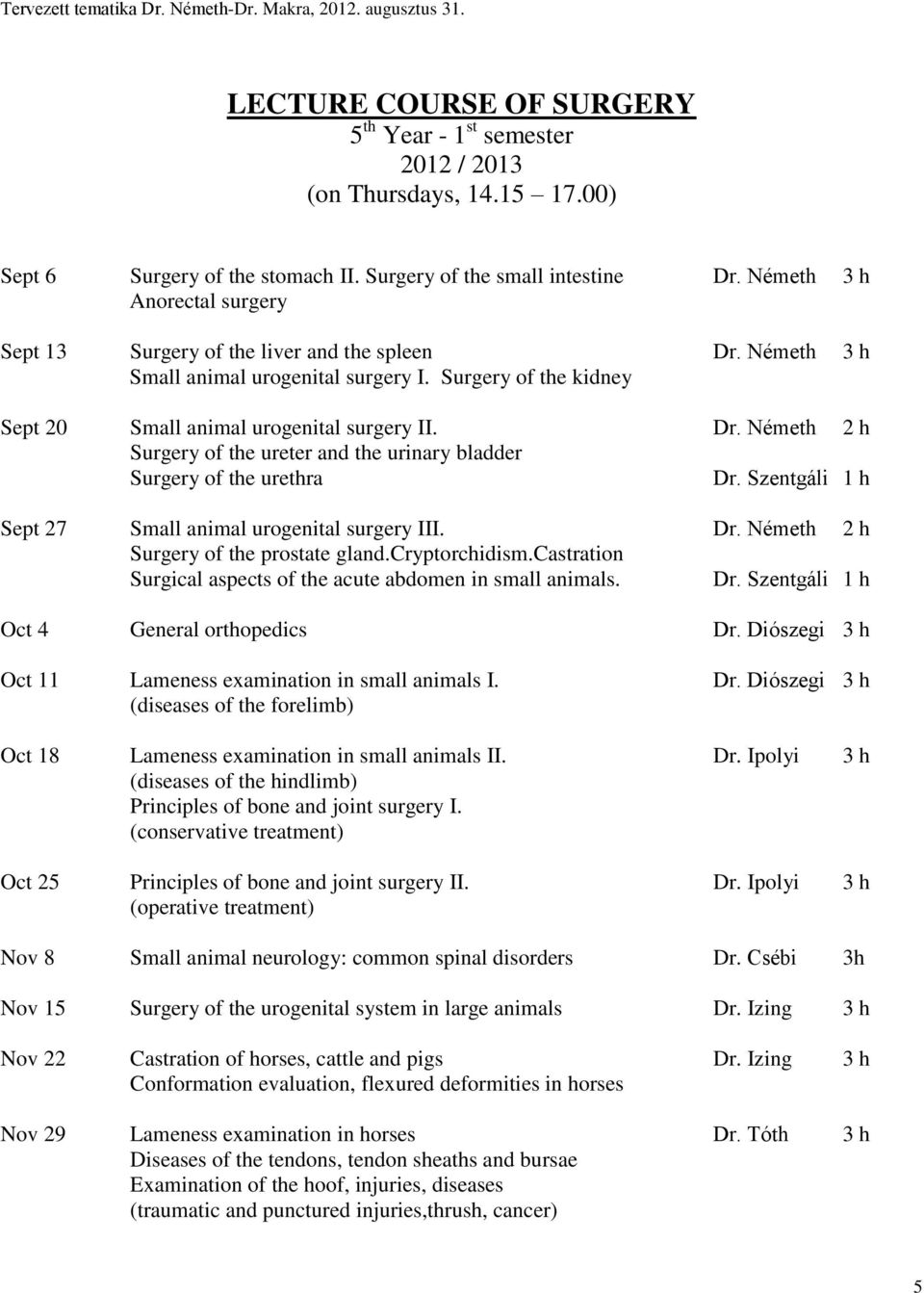 Szentgáli 1 h Sept 27 Small animal urogenital surgery III. Dr. Németh 2 h Surgery of the prostate gland.cryptorchidism.castration Surgical aspects of the acute abdomen in small animals. Dr. Szentgáli 1 h Oct 4 General orthopedics Dr.