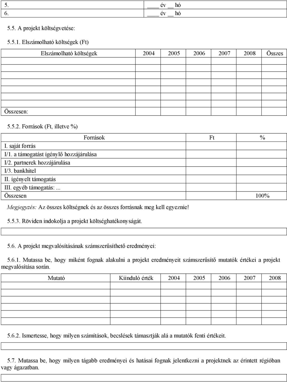 .. Összesen 100% Megjegyzés: Az összes költségnek és az összes forrásnak meg kell egyeznie! 5.5.3. Röviden indokolja a projekt költséghatékonyságát. 5.6.