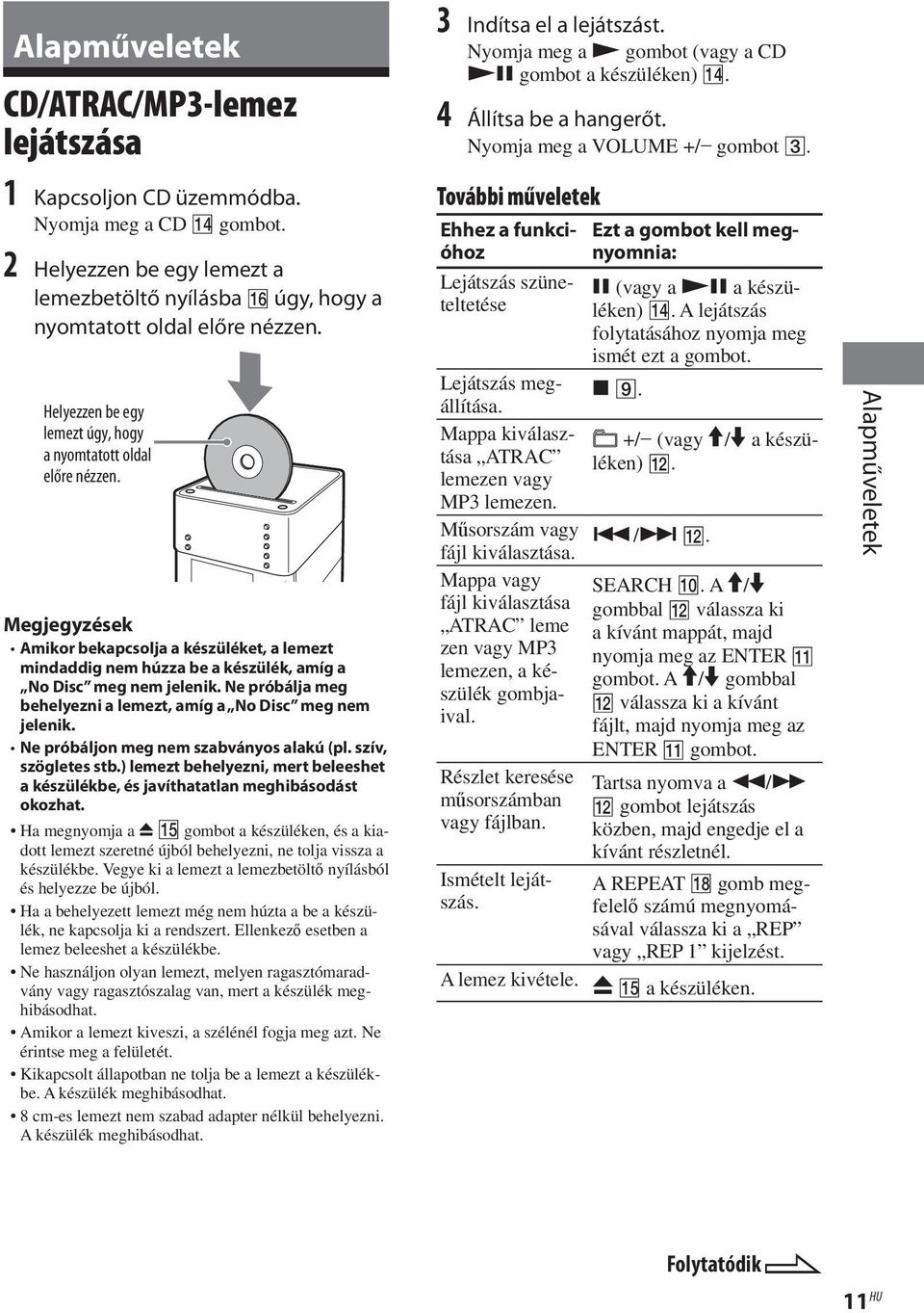 Ne próbálja meg behelyezni a lemezt, amíg a No Disc meg nem jelenik. Ne próbáljon meg nem szabványos alakú (pl. szív, szögletes stb.