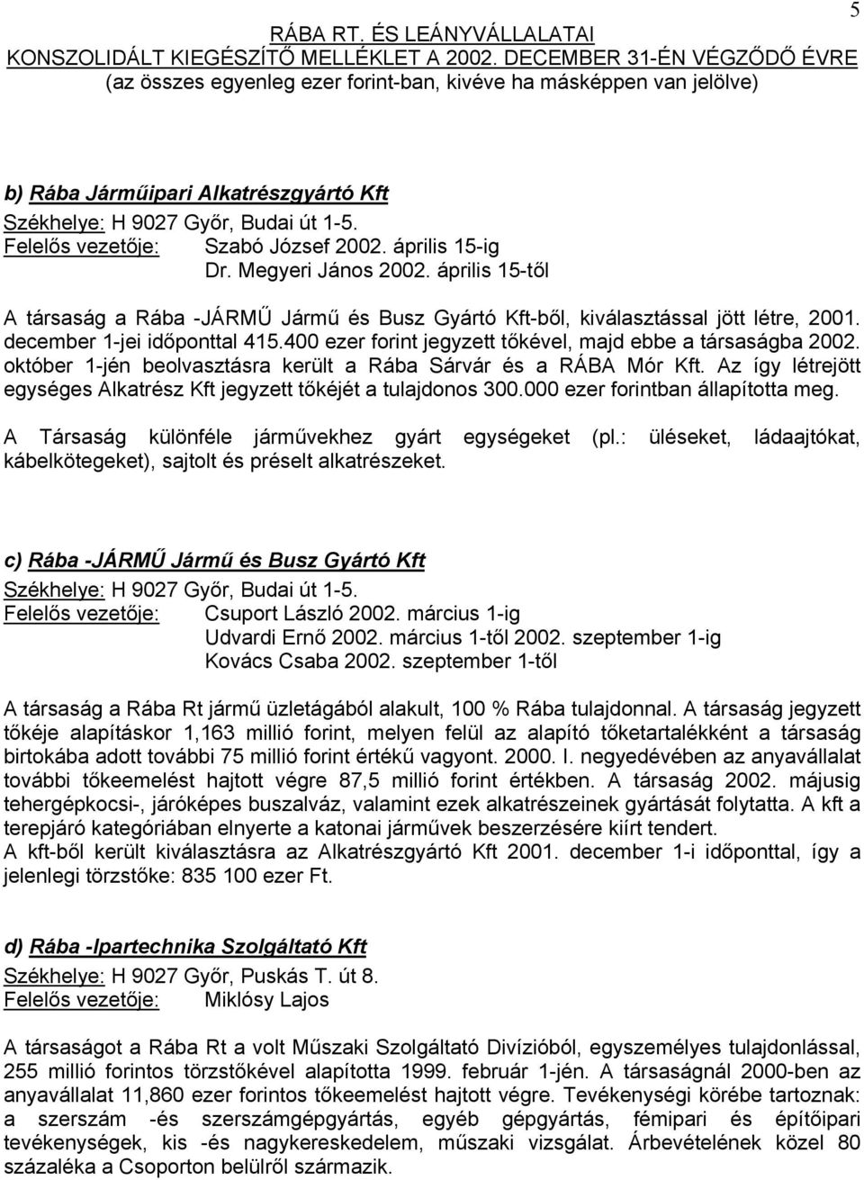 október 1-jén beolvasztásra került a Rába Sárvár és a RÁBA Mór Kft. Az így létrejött egységes Alkatrész Kft jegyzett tőkéjét a tulajdonos 300.000 ezer forintban állapította meg.