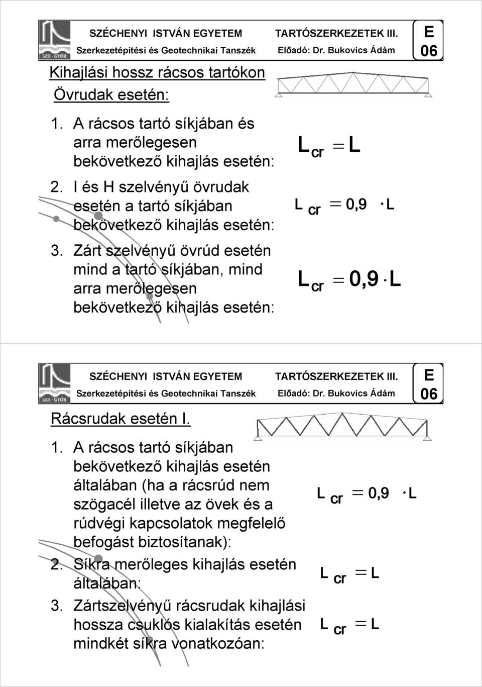 lőadó: Dr. Bukovics Ádám L cr L cr L cr L, 9, 9 L L SZÉCHYI ISTVÁ GYT Rácsrudak esetén I.