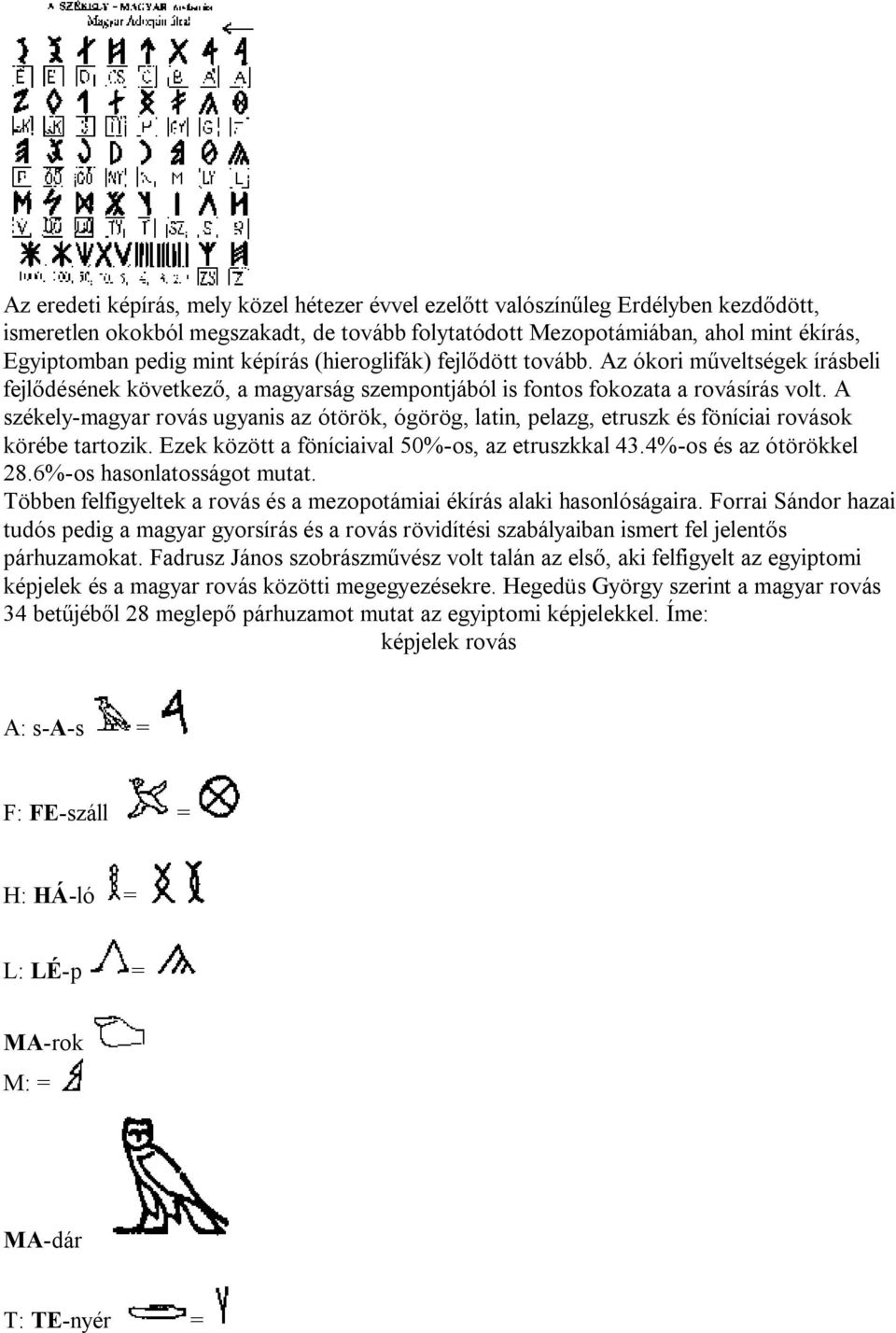 A székely-magyar rovás ugyanis az ótörök, ógörög, latin, pelazg, etruszk és föníciai rovások körébe tartozik. Ezek között a föníciaival 50%-os, az etruszkkal 43.4%-os és az ótörökkel 28.