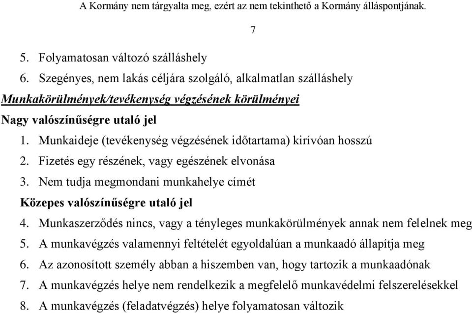 Munkaszerződés nincs, vagy a tényleges munkakörülmények annak nem felelnek meg 5. A munkavégzés valamennyi feltételét egyoldalúan a munkaadó állapítja meg 6.