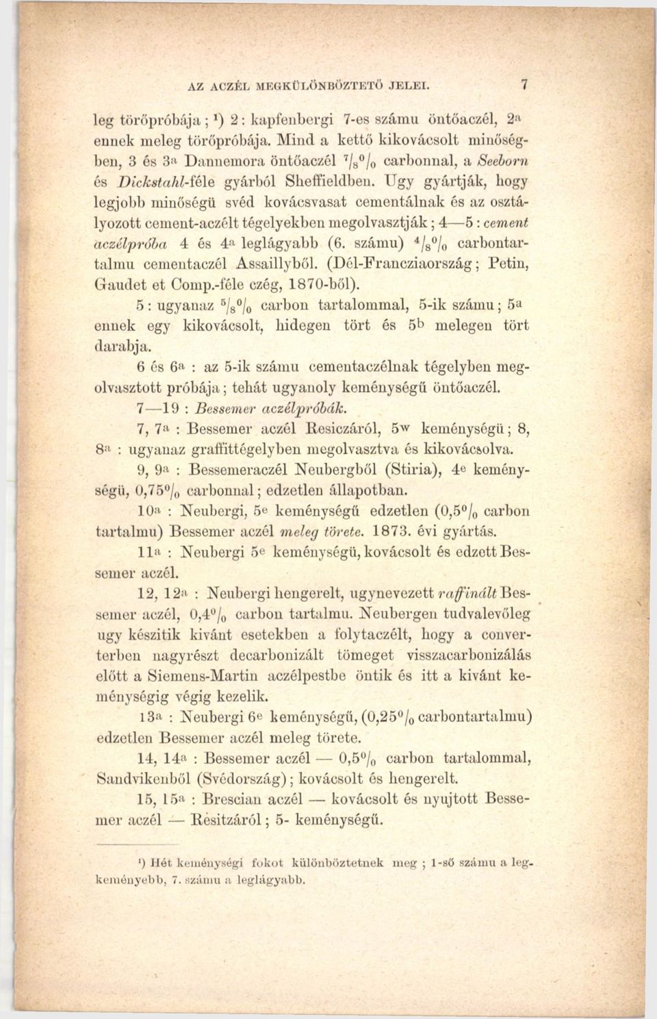 Úgy gyártják, hogy legjobb minőségű svéd kovácsvasat cementálnak és az osztályozott eement-aczélt tégelyekben megolvasztják; 4 5: cement aczélpróba 4 és 4» leglágyabb (6.