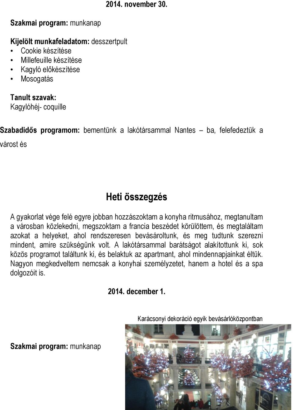 várost és Heti összegzés A gyakorlat vége felé egyre jobban hozzászoktam a konyha ritmusához, megtanultam a városban közlekedni, megszoktam a francia beszédet körülöttem, és megtaláltam azokat a