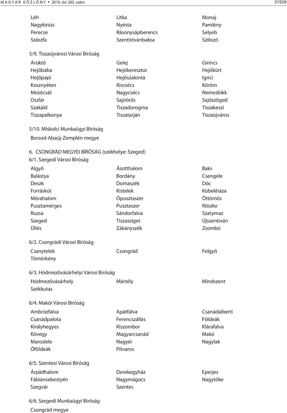 Szakáld Tiszadorogma Tiszakeszi Tiszapalkonya Tiszatarján Tiszaújváros 5/10. Miskolci Munkaügyi Bíróság Borsod-Abaúj-Zemplén megye 6. CSONGRÁD MEGYEI BÍRÓSÁG (székhelye: Szeged) 6/1.