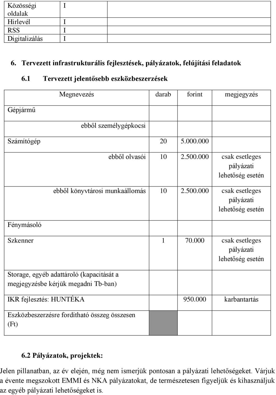 000 csak esetleges pályázati lehetőség esetén ebből könyvtárosi munkaállomás 10 2.500.000 csak esetleges pályázati lehetőség esetén Szkenner 1 70.