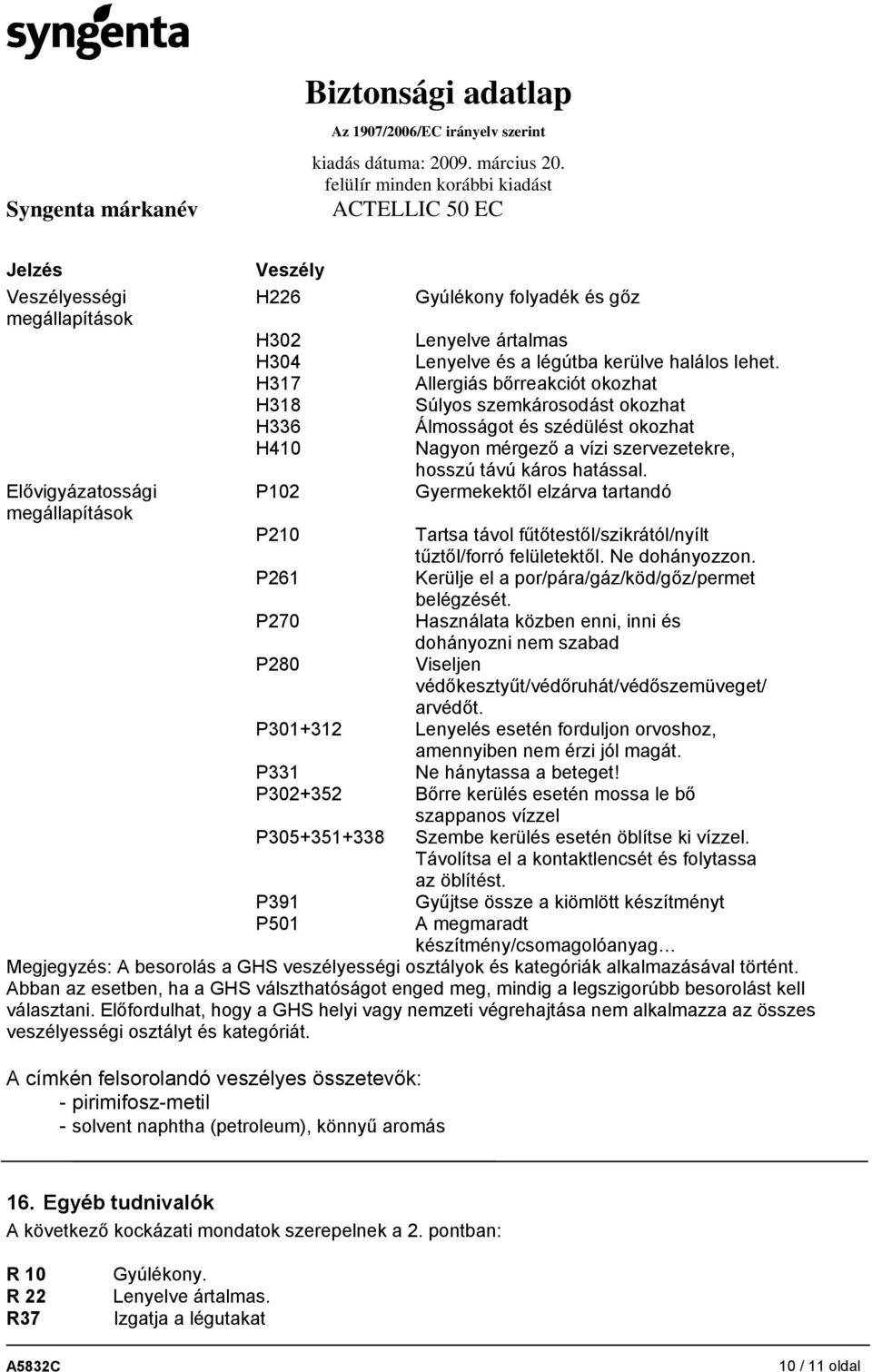 Gyermekektől elzárva tartandó P210 Tartsa távol fűtőtestől/szikrától/nyílt tűztől/forró felületektől. Ne dohányozzon. P261 Kerülje el a por/pára/gáz/köd/gőz/permet belégzését.