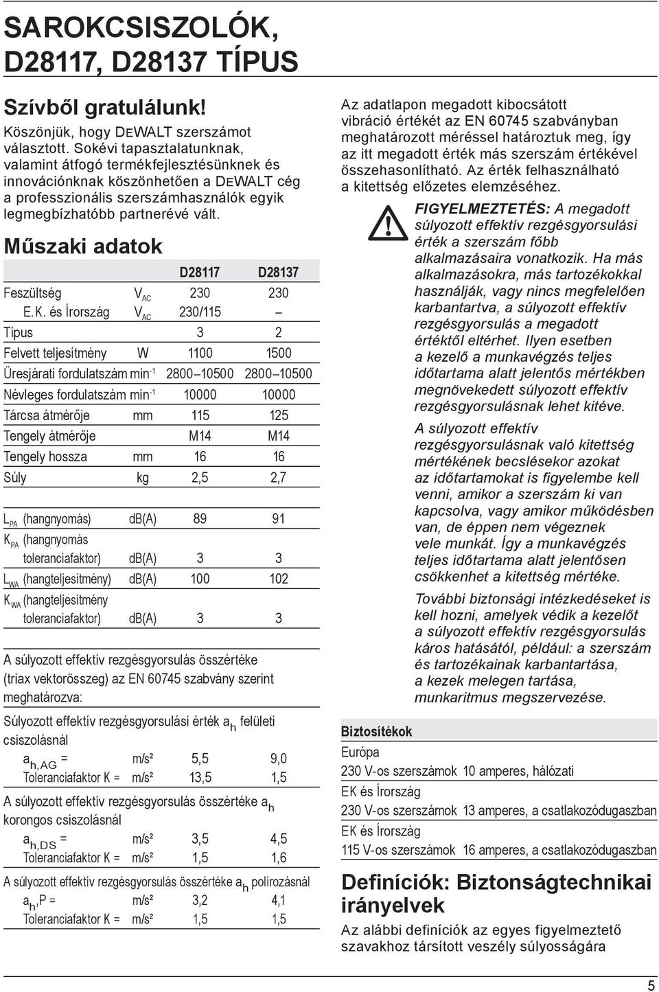 Műszaki adatok D28117 D28137 Feszültség V AC 230 230 E.K.