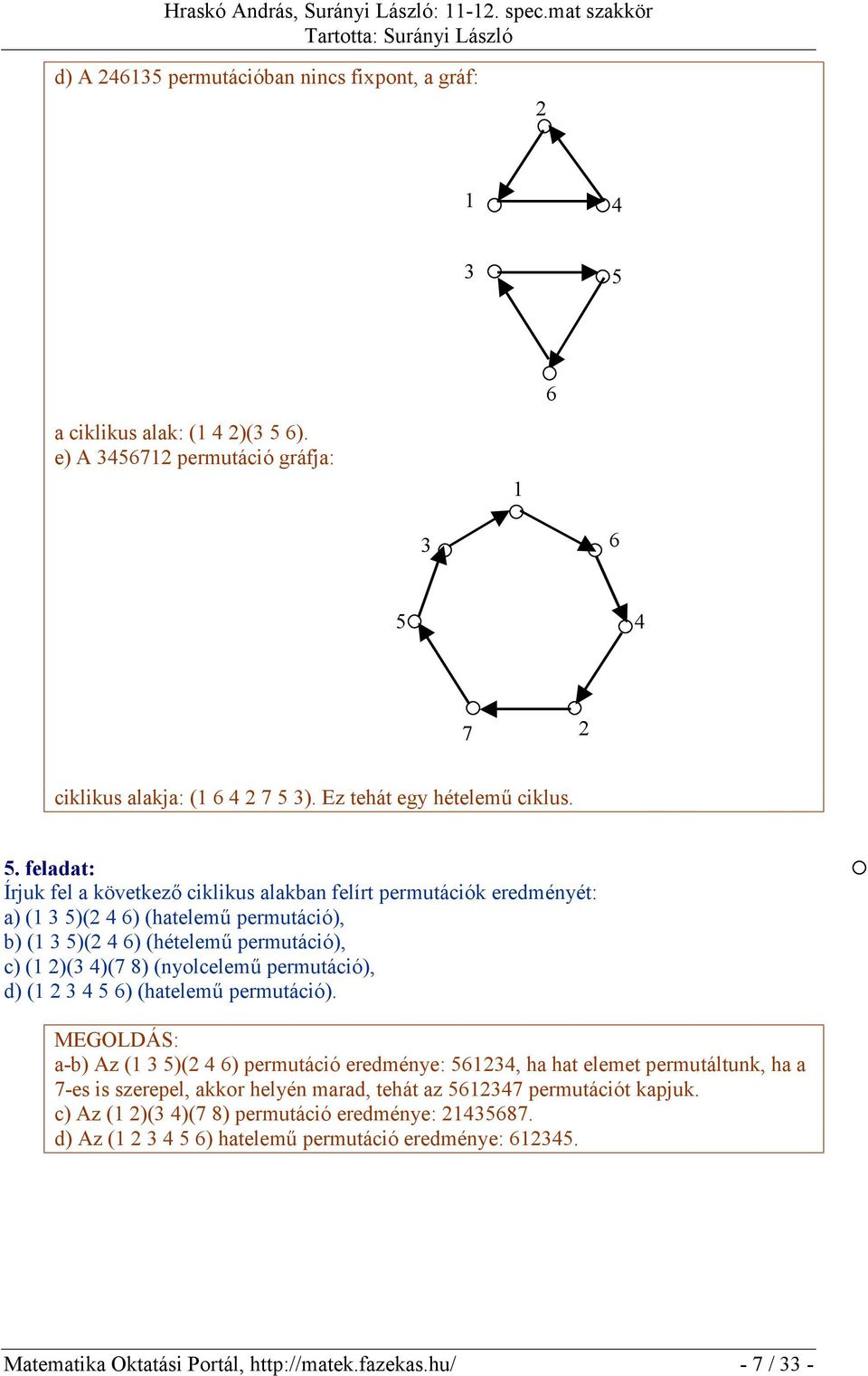 feladat: Írjuk fel a következő ciklikus alakban felírt permutációk eredményét: a) (1 3 5)(2 4 6) (hatelemű permutáció), b) (1 3 5)(2 4 6) (hételemű permutáció), c) (1 2)(3 4)(7 8) (nyolcelemű