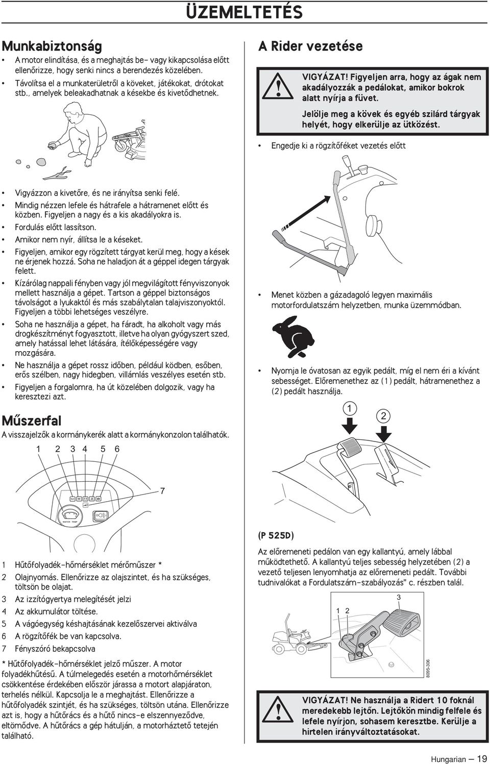 A Rider vezetése VIGYÁZAT Figyeljen arra, hogy az ágak nem akadályozzák a pedálokat, amikor bokrok alatt nyírja a füvet.