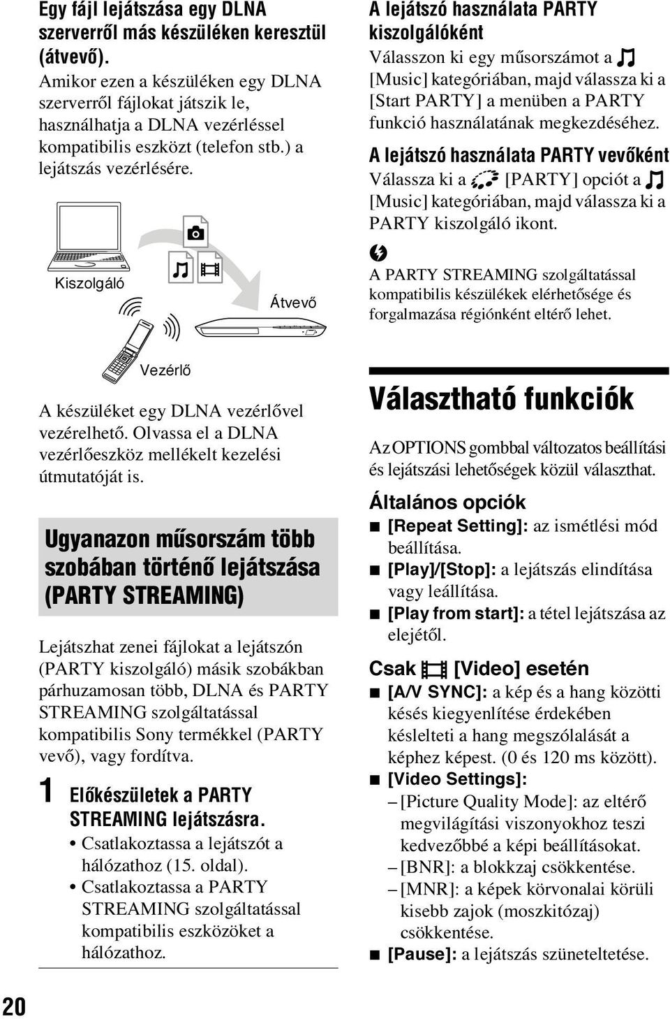 Kiszolgáló Átvevő A lejátszó használata PARTY kiszolgálóként Válasszon ki egy műsorszámot a [Music] kategóriában, majd válassza ki a [Start PARTY] a menüben a PARTY funkció használatának