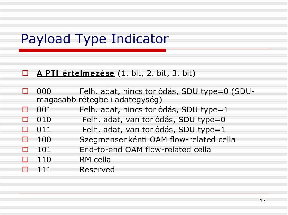 adat, nincs torlódás, SDU type=1 010 Felh. adat, van torlódás, SDU type=0 011 Felh.