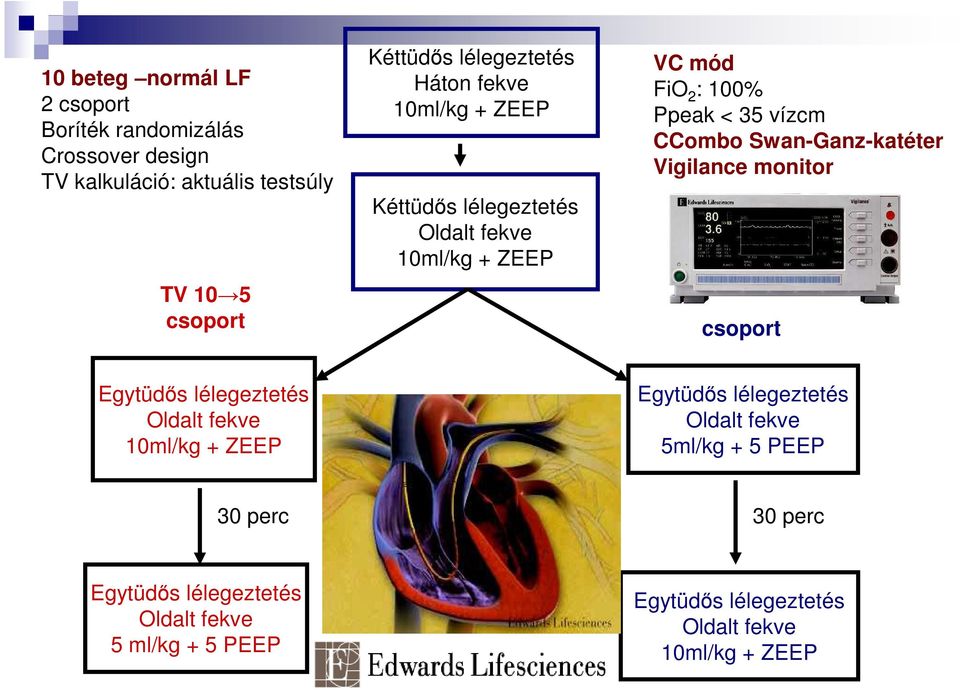 CCombo Swan-Ganz-katéter Vigilance monitor TV 5 10 csoport Egytüdıs lélegeztetés Oldalt fekve 10ml/kg + ZEEP Egytüdıs lélegeztetés