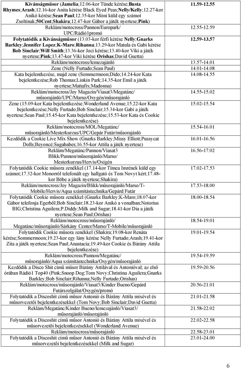 03-kor férfi kérése Nelly;Gnarks 12.59-13.57 Barkley;Jennifer Lopez;K-Maro;Rihanna;13.29-kor Matula és Gabi kérése Bob Sinclair;Will Smith;13.36-kor Joci kérése;13.