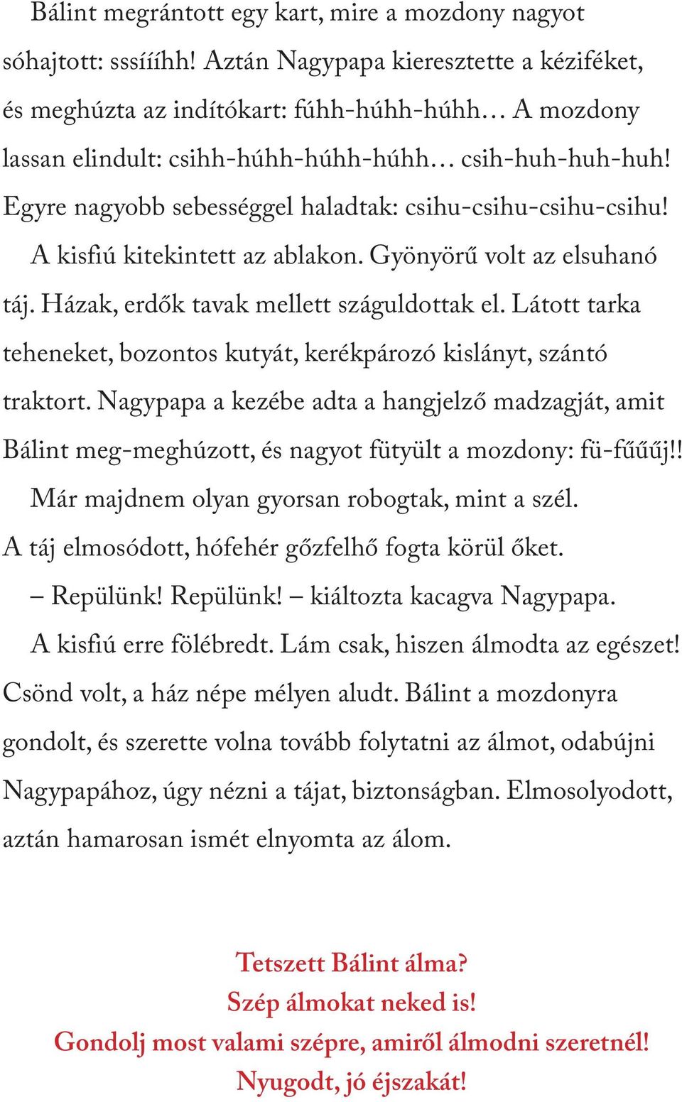 Egyre nagyobb sebességgel haladtak: csihu-csihu-csihu-csihu! A kisfiú kitekintett az ablakon. Gyönyörű volt az elsuhanó táj. Házak, erdők tavak mellett száguldottak el.