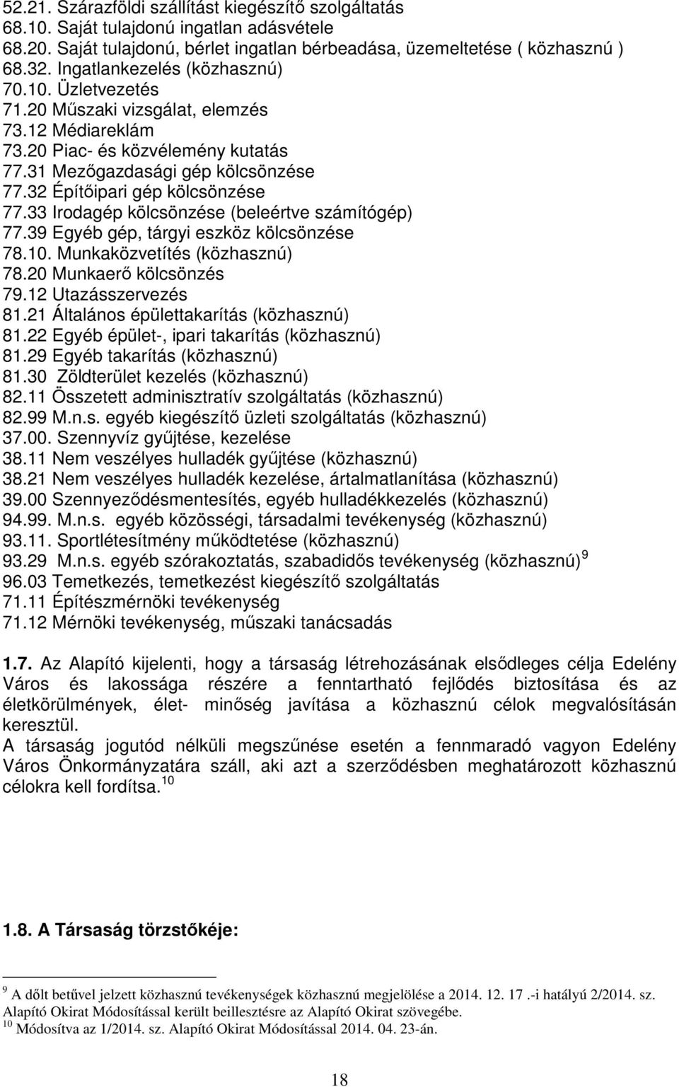 32 Építőipari gép kölcsönzése 77.33 Irodagép kölcsönzése (beleértve számítógép) 77.39 Egyéb gép, tárgyi eszköz kölcsönzése 78.10. Munkaközvetítés (közhasznú) 78.20 Munkaerő kölcsönzés 79.