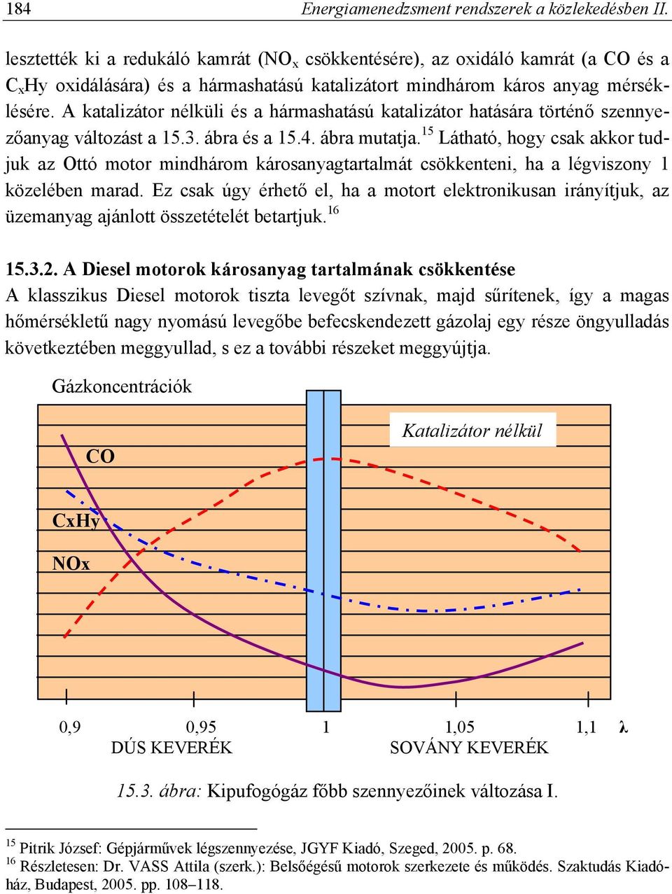 A katalizátor nélküli és a hármashatású katalizátor hatására történő szennyezőanyag változást a 15.3. ábra és a 15.4. ábra mutatja.