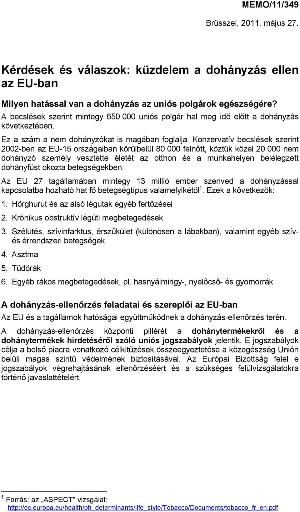 Konzervatív becslések szerint 2002-ben az EU-15 országaiban körülbelül 80 000 felnőtt, köztük közel 20 000 nem dohányzó személy vesztette életét az otthon és a munkahelyen belélegzett dohányfüst