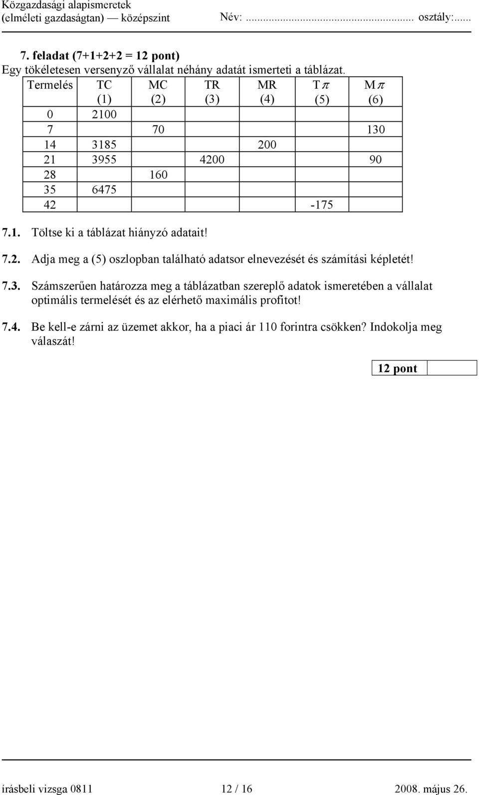 7.2. Adja meg a (5) oszlopban található adatsor elnevezését és számítási képletét! 7.3.