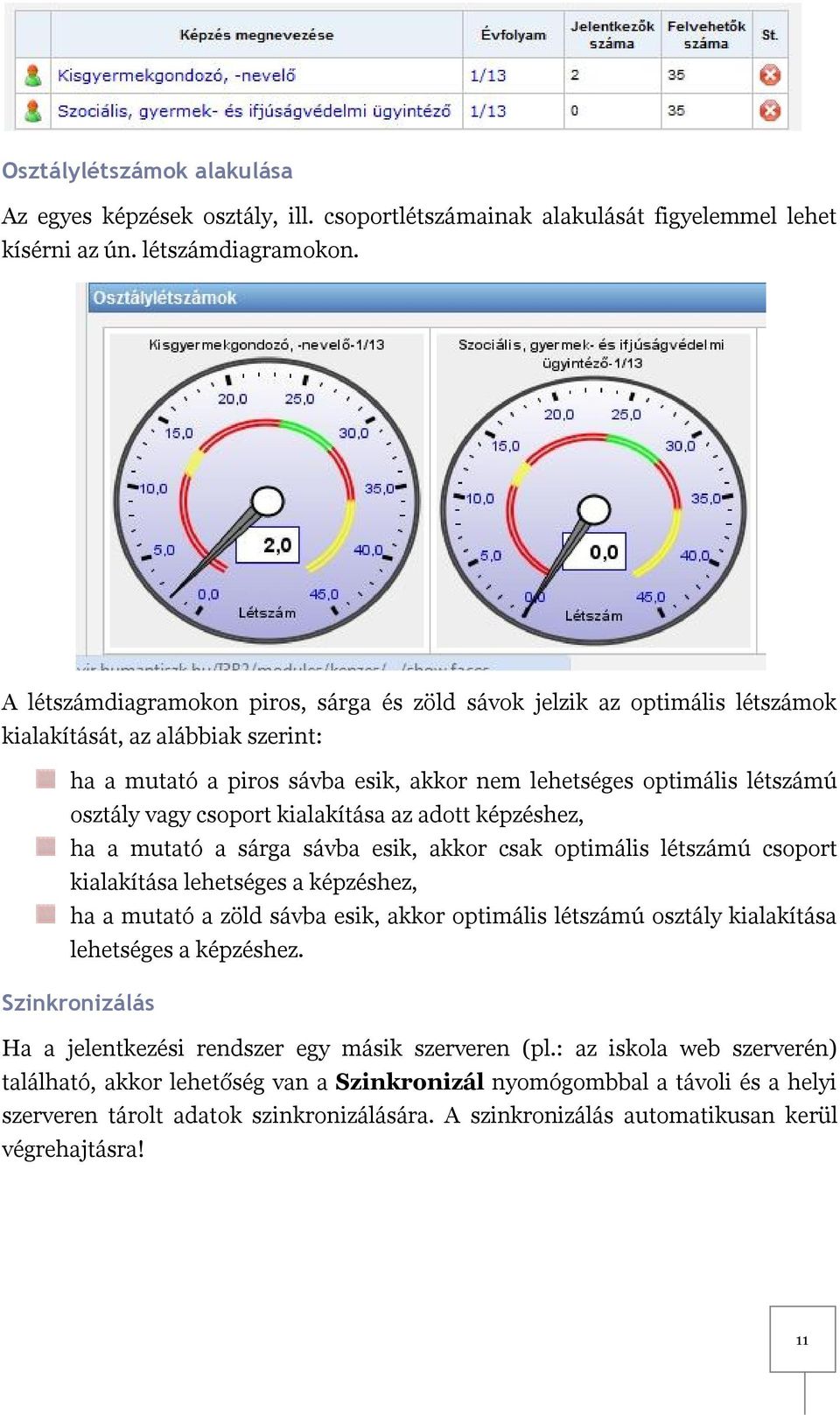 csoport kialakítása az adott képzéshez, ha a mutató a sárga sávba esik, akkor csak optimális létszámú csoport kialakítása lehetséges a képzéshez, ha a mutató a zöld sávba esik, akkor optimális