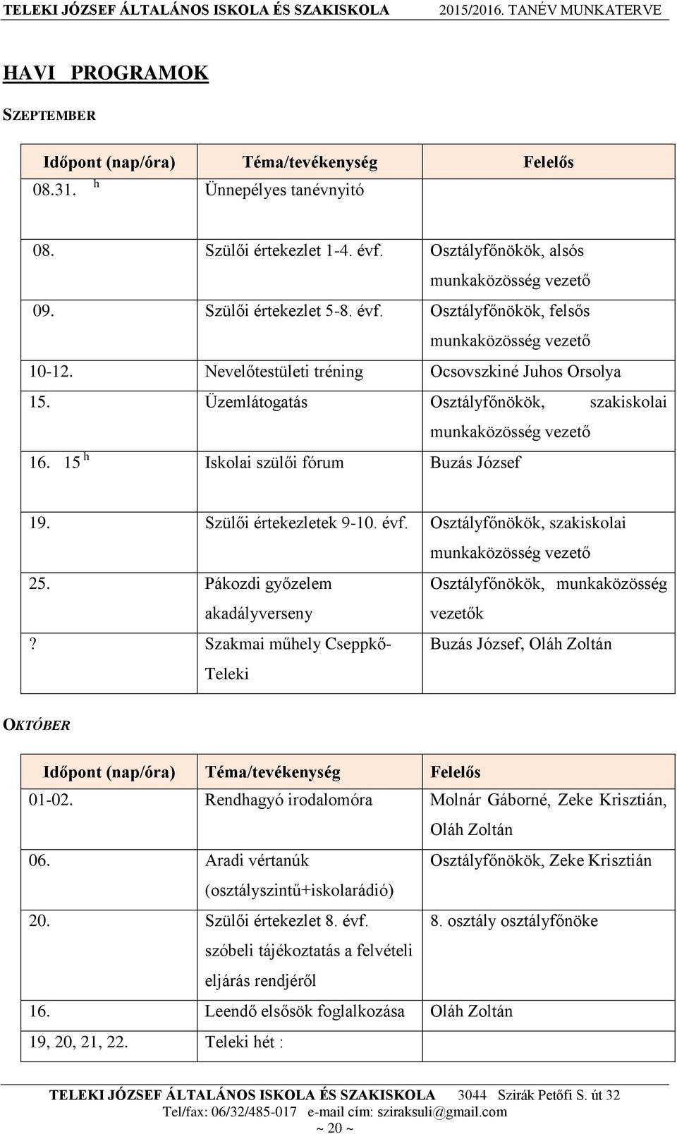 Pákozdi győzelem akadályverseny Osztályfőnökök, munkaközösség vezetők? Szakmai műhely Cseppkő- Teleki, Oláh Zoltán OKTÓBER Időpont (nap/óra) Téma/tevékenység Felelős 01-02.