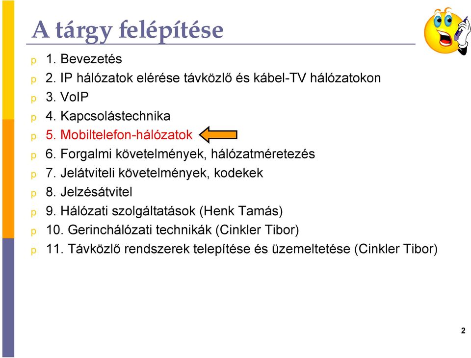 Jelátviteli követelmények, kodekek 8. Jelzésátvitel 9. Hálózati szolgáltatások (Henk Tamás) 10.