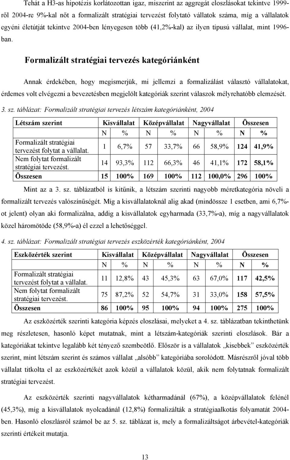 Formalizált stratégiai tervezés kategóriánként Annak érdekében, hogy megismerjük, mi jellemzi a formalizálást választó vállalatokat, érdemes volt elvégezni a bevezetésben megjelölt kategóriák szerint