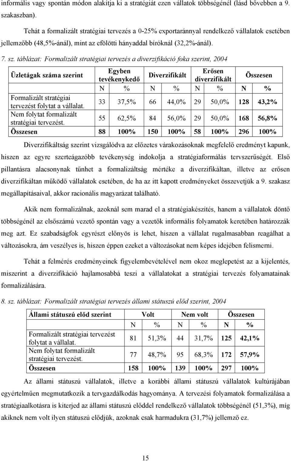 táblázat: Formalizált stratégiai tervezés a diverzifikáció foka szerint, 2004 Egyben Erősen Üzletágak száma szerint Diverzifikált Összesen tevékenykedő diverzifikált Formalizált stratégiai 33 37,5%