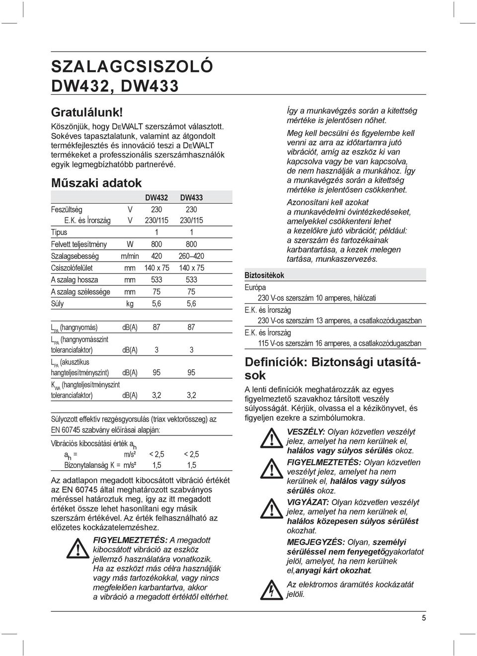 Műszaki adatok DW432 DW433 Feszültség V 230 230 E.K.