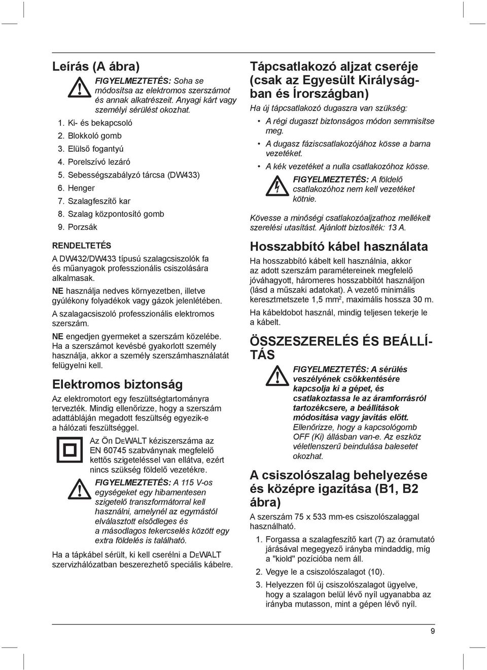 Porzsák RENDELTETÉS A DW432/DW433 típusú szalagcsiszolók fa és műanyagok professzionális csiszolására alkalmasak.