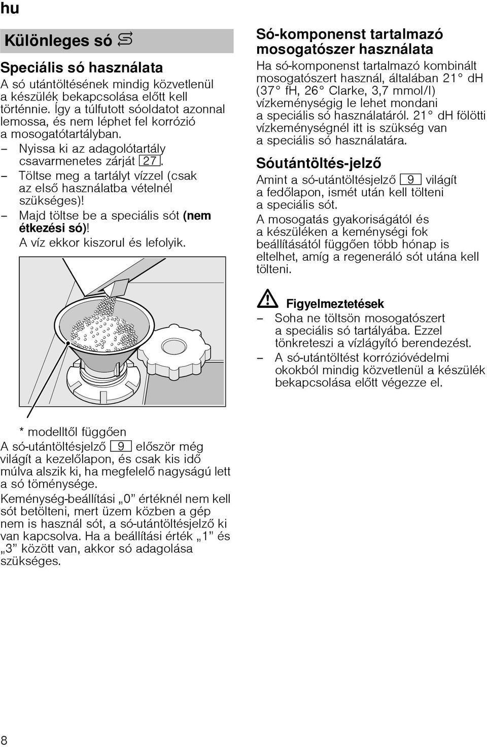 Töltse meg a tartályt vízzel (csak az els használatba vételnél szükséges)! Majd töltse be a speciális sót (nem étkezési só)! A víz ekkor kiszorul és lefolyik.